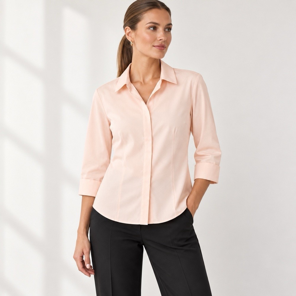 Chicos Non Iron Dress Shirt Sz S Pink Rose Button Up Classic Office Wear Neutral